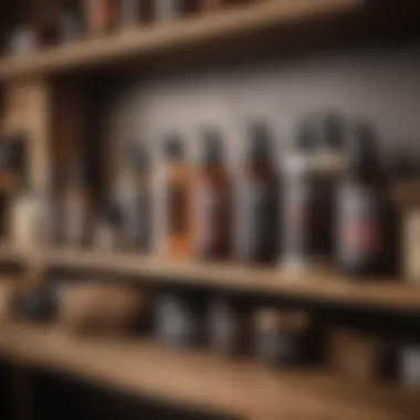 Beard maintenance products arranged neatly on a wooden shelf