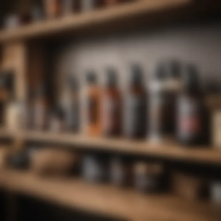 Beard maintenance products arranged neatly on a wooden shelf