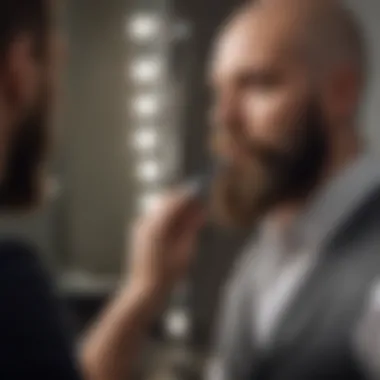 Man using a beard straightening tool in front of a mirror