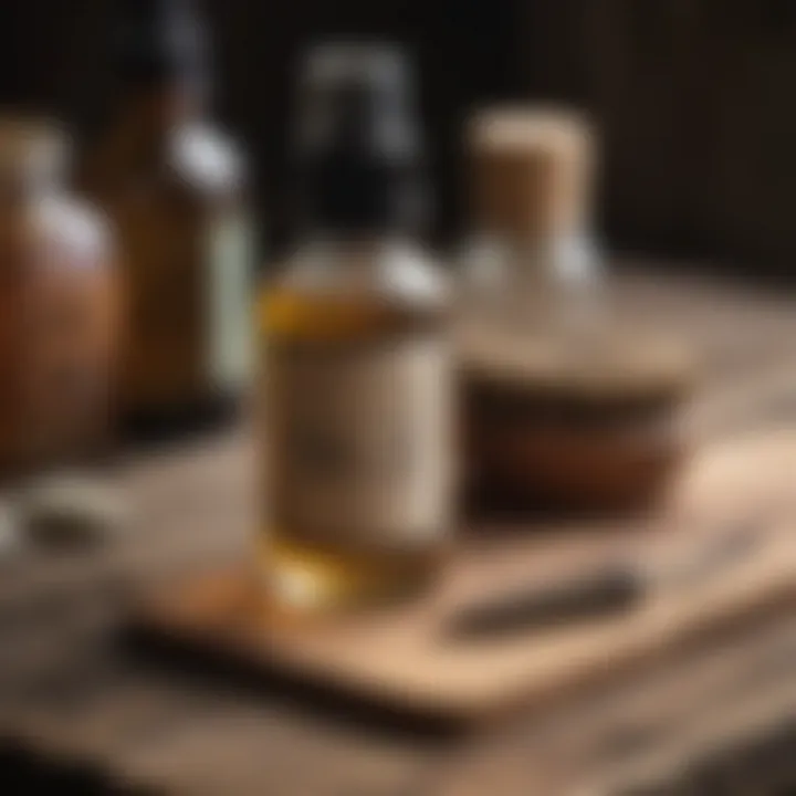 Bottle of beard oil next to a wooden comb on a rustic table