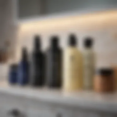 Variety of exfoliating products displayed on a vanity