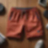 A stylish pair of sweatshorts displayed on a wooden surface