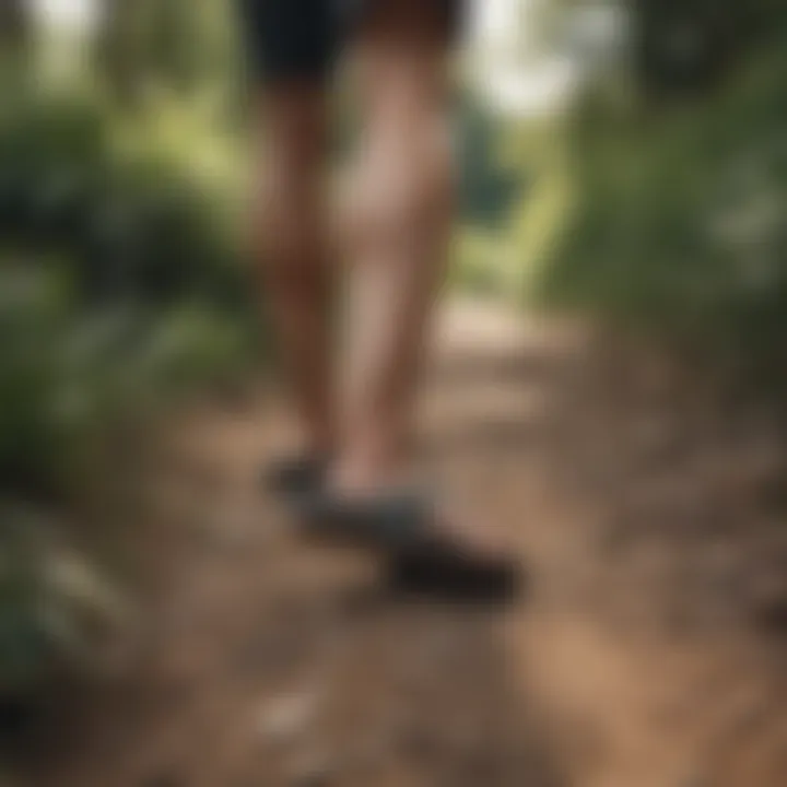 A person enjoying a walk in comfortable flip flops on a nature trail