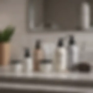 A serene bathroom setting showcasing various skincare tools laid out on a countertop.