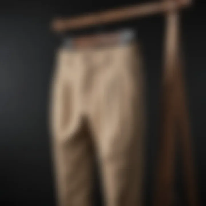 Elegant chino pants draped over a wooden hanger