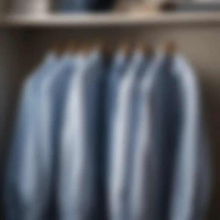 Classic light blue Oxford shirt hanging in a well-organized wardrobe