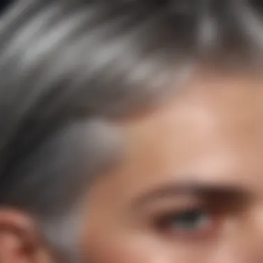 Close-up of grey hair showcasing shine product effects