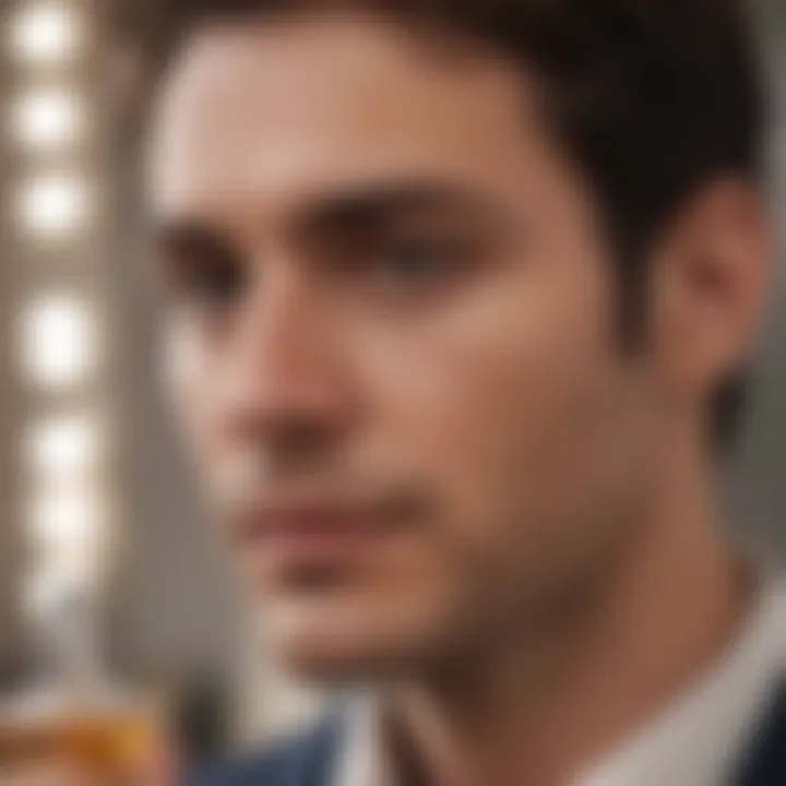 A man confidently wearing cologne in a social setting