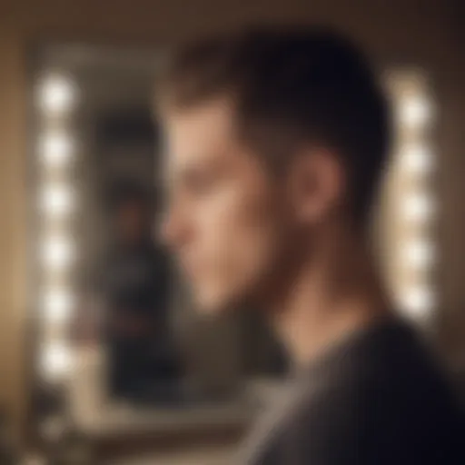 Young man with stylish haircut looking in the mirror