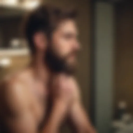 Bearded man looking in mirror contemplating grooming choices