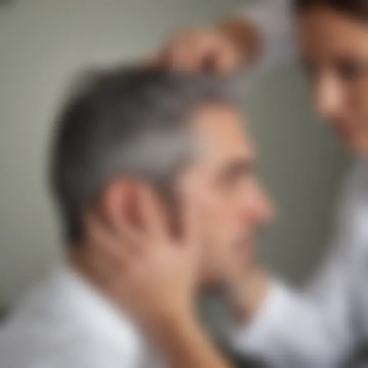 Dermatologist examining patient's scalp for grey hair solutions