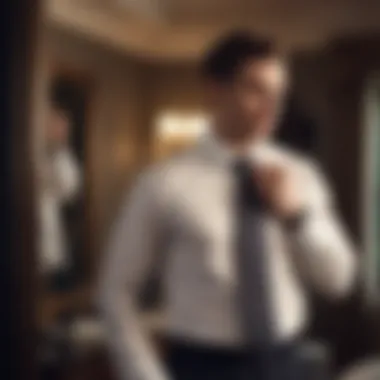 Elegant gentleman adjusting his tie in front of a mirror