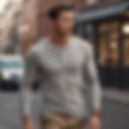 Elegant gentleman in slim fit henley t-shirt walking confidently