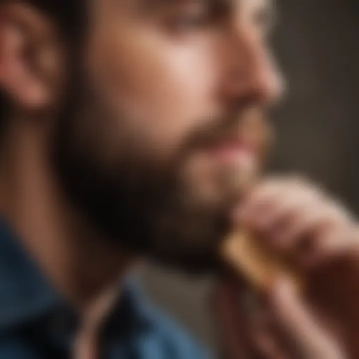 A man combing his beard with a wooden comb