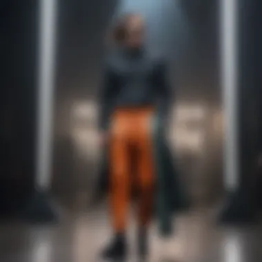 High-fashion runway presentation of avant-garde trousers