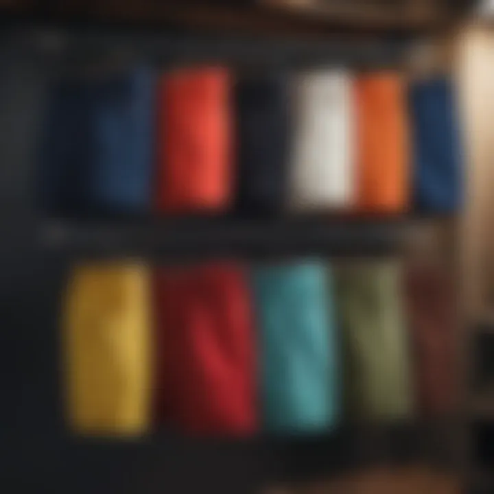 Variety of colorful 6 inch inseam shorts hanging on a rack