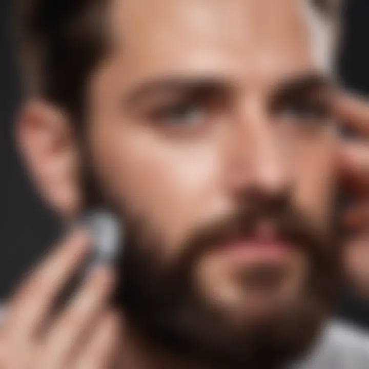 Close-up of a man applying beard straightening serum