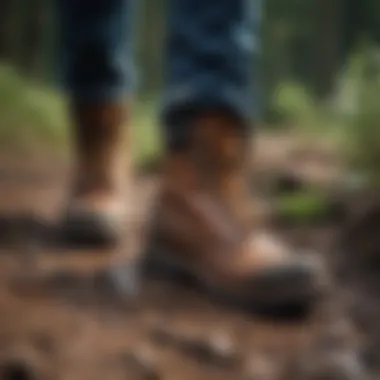 Pair of waterproof work boots on rugged terrain