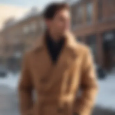 Classic camel coat against snowy backdrop