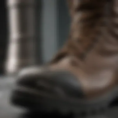 Close-up of a steel toe military boot showcasing its rugged design and protective features