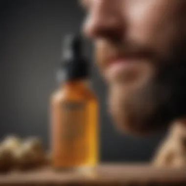 Close-up view of beard growth serum bottle showcasing natural ingredients