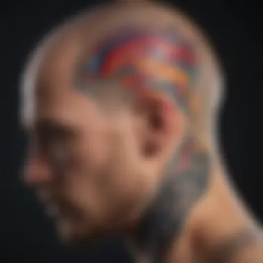 Colorful abstract hair tattoo art on bald head