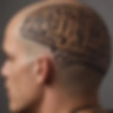 Tribal-inspired hair tattoo design on a bald head