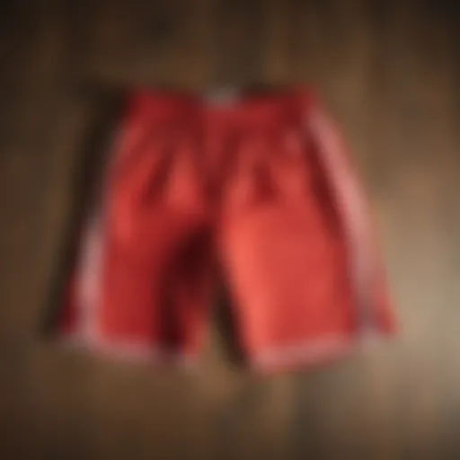 Stylish medium tall basketball shorts displayed on a wooden floor