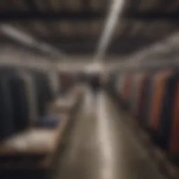 Interior view of a bustling warehouse sale with racks of clothing