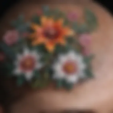 A close-up of a scalp tattoo featuring floral motifs