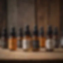 A collection of premium beard growth oils displayed elegantly on a wooden table.