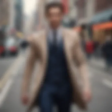 Fashionable man confidently walking down a bustling city street