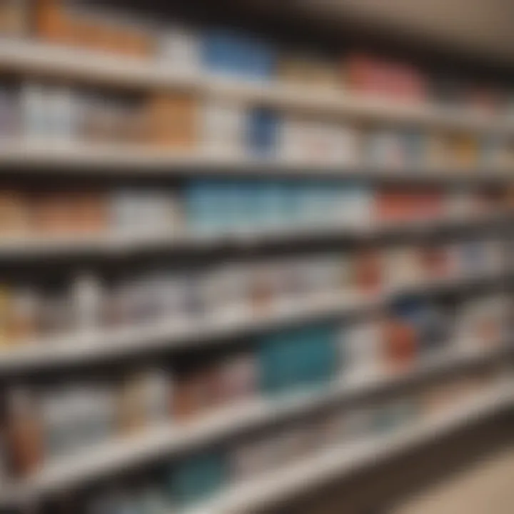 A well-stocked pharmacy shelf displaying various formulations of Lotrimin antifungal products.