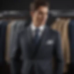 Elegant suit rental display showcasing variety of fabrics