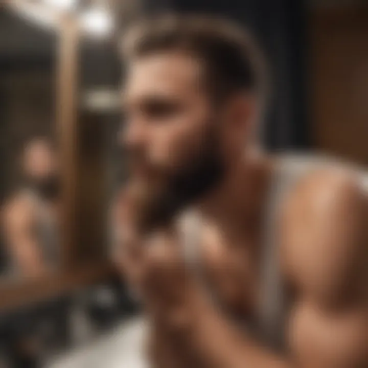 Stylish man applying beard oil in front of a mirror