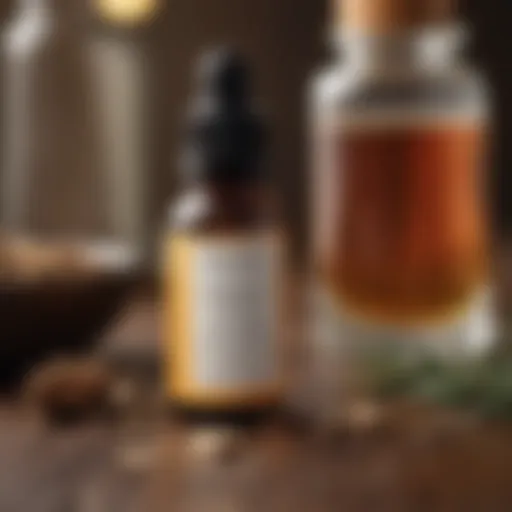 Close-up of Goodfellow Beard Oil bottle with natural ingredients in the background