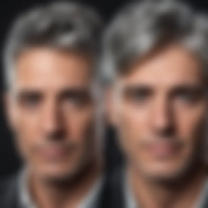 Before and after images of individual with grey hair transformation