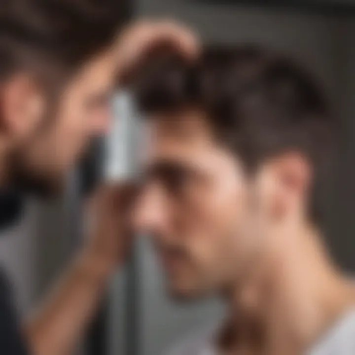 Close-up of a man applying hair thickener in front of a mirror