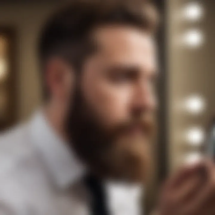 A focused individual examining their beard in a mirror.