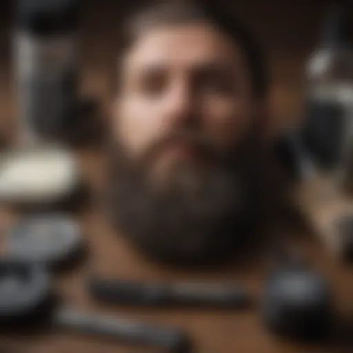 Close-up of a beard grooming kit with essential tools and products.