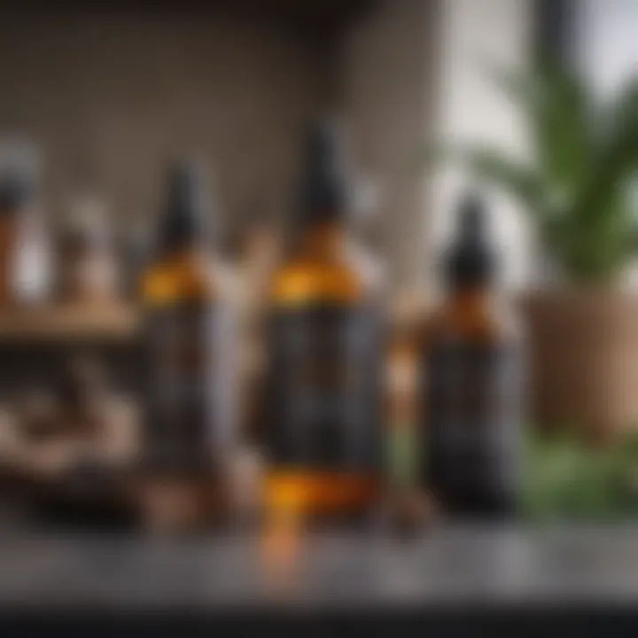 A selection of high-quality beard oils and balms on a countertop.