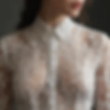 Close-up of intricate lace details on a see-through shirt