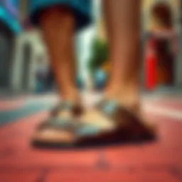 A stylish pair of Birkenstock sandals on a vibrant urban street