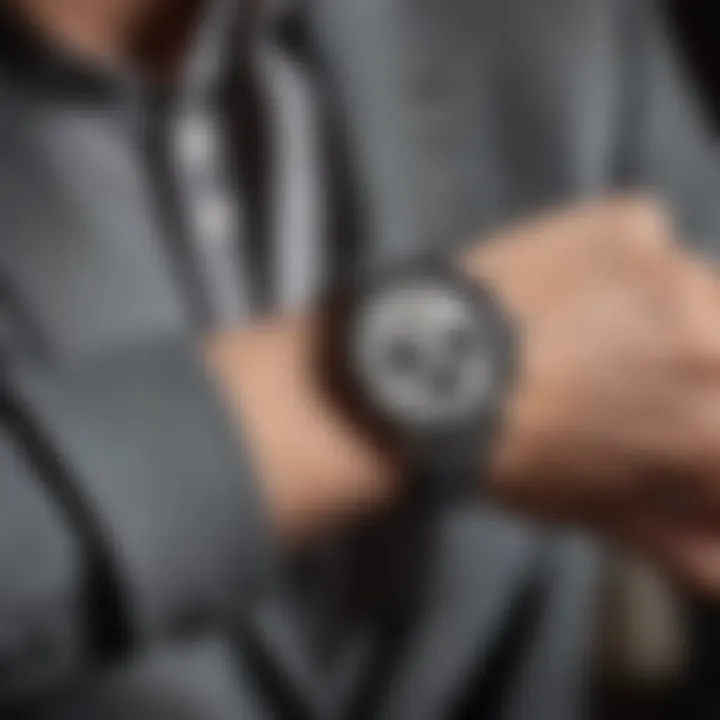 Close-up of stylish grey leather watch on a man's wrist