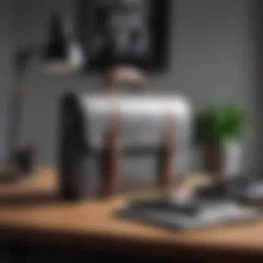 Modern grey briefcase on a wooden desk in an office setting