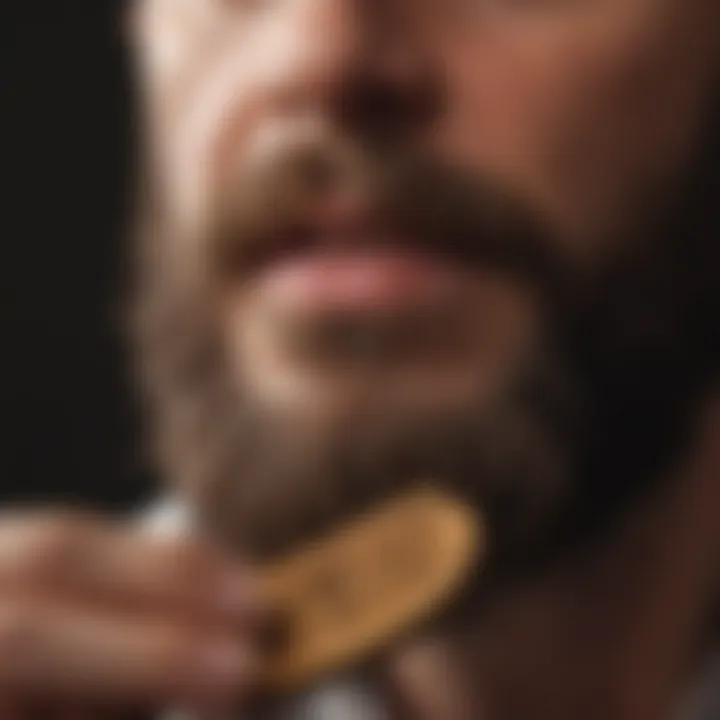 Close-up of beard combing with wooden comb