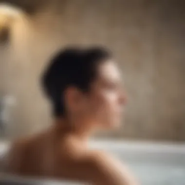 A serene bathroom setting with a person enjoying a scalp massage while using shampoo.