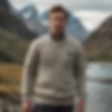 A scenic outdoor setting featuring a model wearing a Patagonia sweater, highlighting functionality