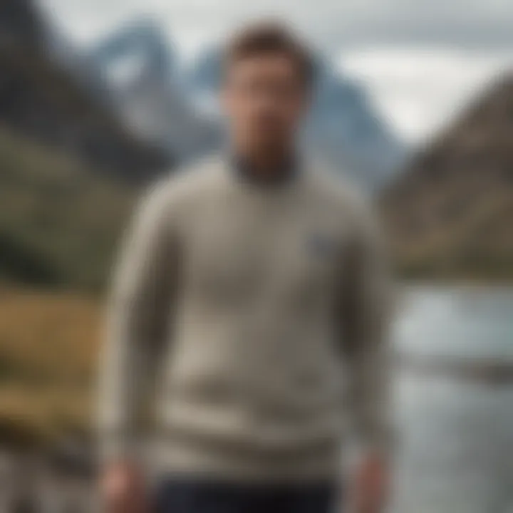 A scenic outdoor setting featuring a model wearing a Patagonia sweater, highlighting functionality