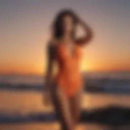 Ethereal silhouette of a woman in a swimsuit against a sunset backdrop